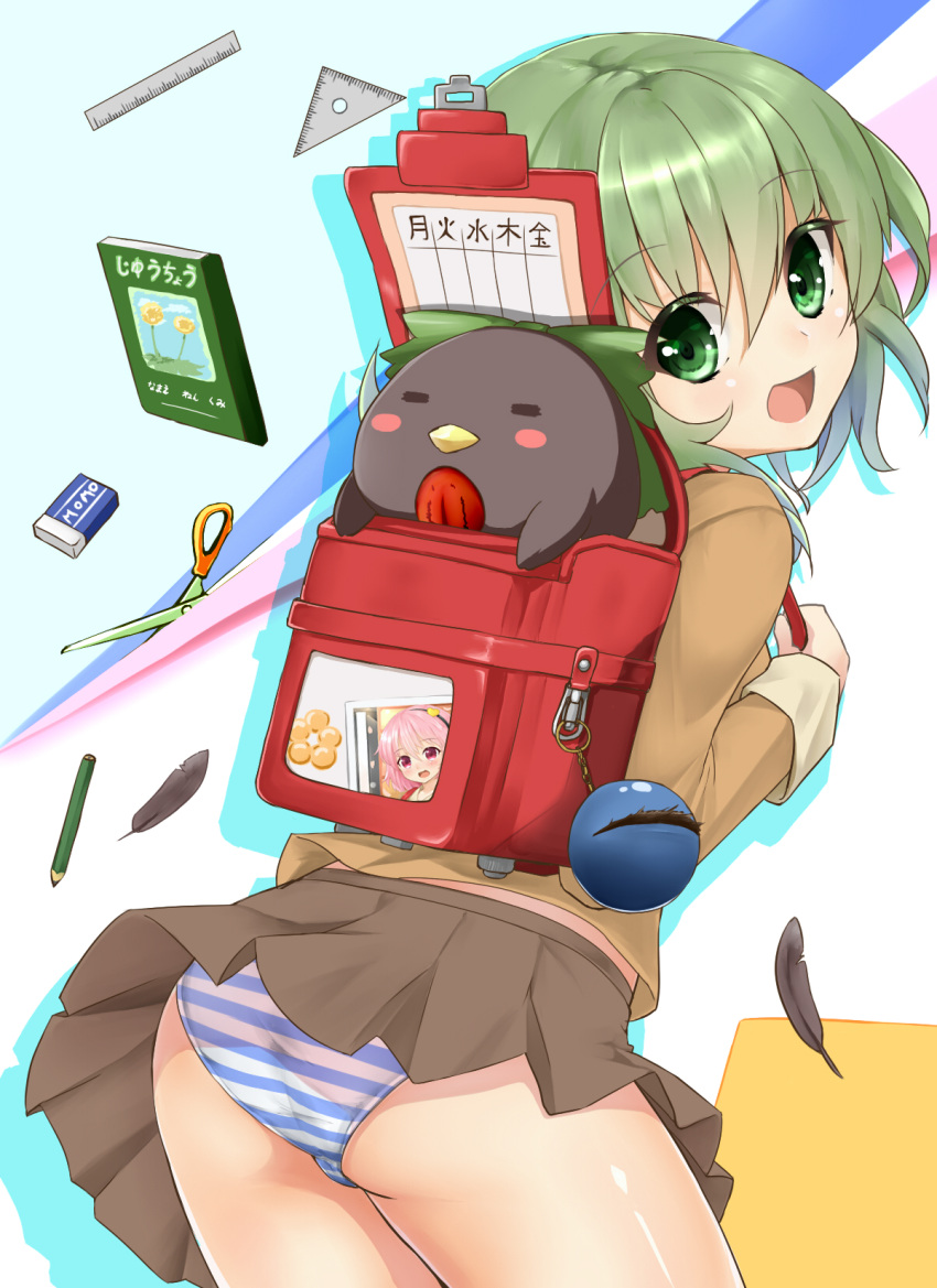 1girl alternate_costume ass backpack bag bag_charm book bow colored_pencil cowboy_shot eraser feathers green_eyes green_hair hair_bow hairband heart highres komeiji_koishi komeiji_satori long_sleeves looking_at_viewer looking_to_the_side no_hat open_mouth panties pantyshot pencil pink_eyes pink_hair randoseru reiuji_utsuho reiuji_utsuho_(bird) ruler school_uniform scissors set_square shiron_(e1na1e2lu2ne3ru3) shirt skirt skirt_lift smile striped striped_panties thighs third_eye touhou underwear wind wind_lift