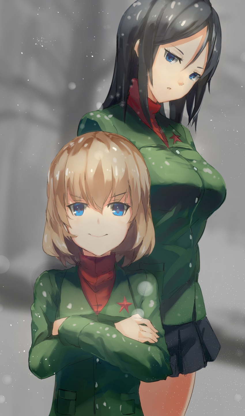 2girls black_skirt blue_eyes commentary_request crossed_arms girls_und_panzer highres katyusha long_sleeves looking_at_viewer military military_uniform miniskirt multiple_girls nonna pleated_skirt school_uniform skirt smile snowing star_pin three_k_(spiritus_no_honoo) tsurime turtleneck uniform