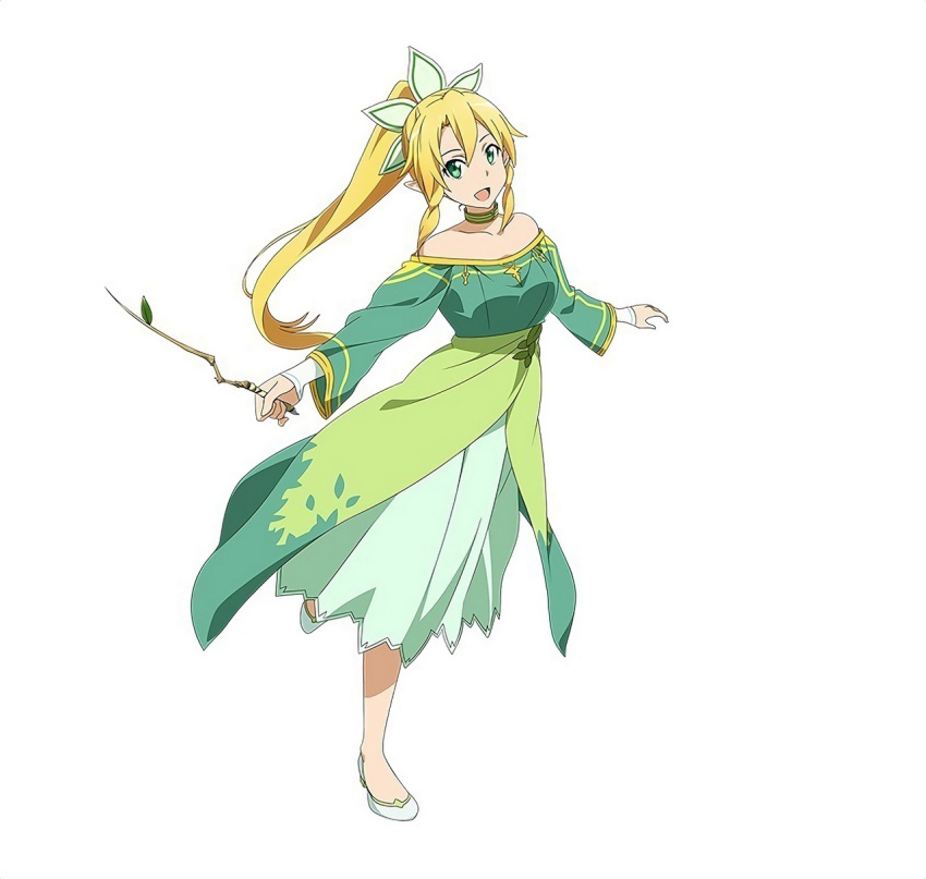 1girl blonde_hair dress green_dress green_eyes hair_ornament highres leafa long_hair looking_at_viewer official_art open_mouth pointy_ears ponytail simple_background solo sword_art_online sword_art_online:_code_register white_background
