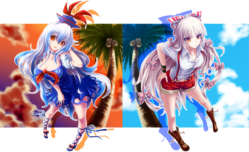 2girls :d adapted_costume alternate_costume bare_shoulders bent_over blue_skirt boots bow breasts cleavage clouds coconut_tree collarbone detached_sleeves dress_shirt fujiwara_no_mokou hair_bow hair_tucking hand_in_hair hands_on_hips hat hijikawa_arashi kamishirasawa_keine large_breasts leaning_forward leg_ribbon long_hair looking_at_viewer multiple_girls navel neckerchief open_mouth palm_tree pigeon-toed ribbon shirt shoes short_sleeves shorts silver_hair skirt sky smile sunset suspenders touhou tree very_long_hair