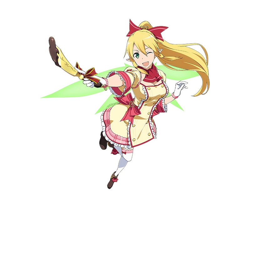 1girl blonde_hair breasts cleavage detached_sleeves gloves green_eyes hair_between_eyes hair_ribbon highres leafa long_hair official_art one_eye_closed open_mouth pointy_ears red_ribbon ribbon simple_background smile solo sword_art_online sword_art_online:_code_register thigh-highs white_background white_gloves white_legwear wings