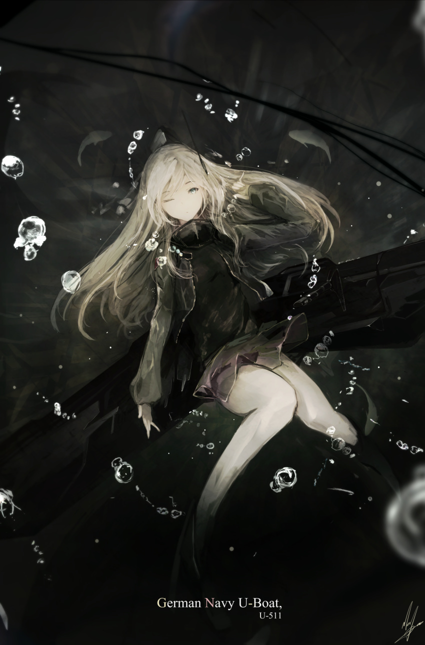 1girl absurdres blonde_hair blue_eyes bubble character_name dark fish floating_hair hand_up highres kantai_collection knees_together_feet_apart long_hair marumoru one_eye_closed signature skirt solo u-511_(kantai_collection) underwater