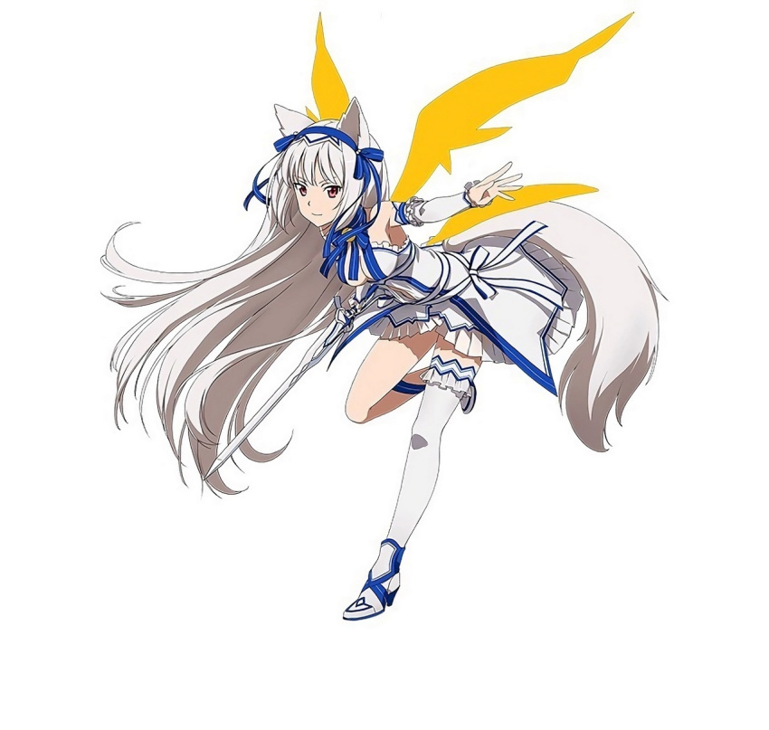 1girl animal_ears armpits asymmetrical_legwear brown_eyes character_request detached_sleeves hair_ornament highres holding holding_sword holding_weapon long_hair official_art silver_hair simple_background smile solo sword sword_art_online sword_art_online:_code_register tail thigh-highs very_long_hair weapon white_background white_legwear wolf_ears wolf_tail