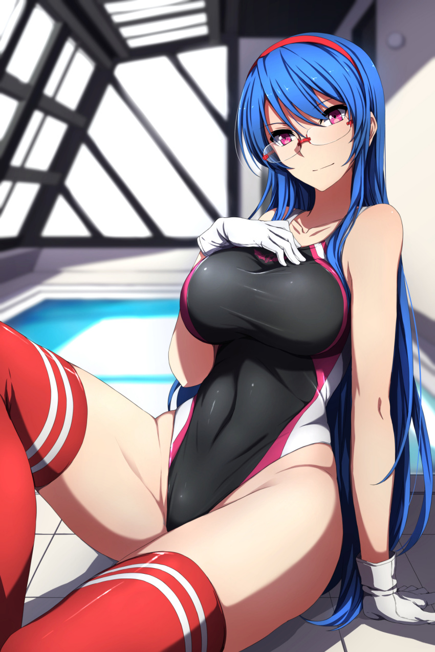 1girl blue_hair breasts competition_swimsuit gakuen_taisen_valkyries glasses highres large_breasts long_hair looking_at_viewer one-piece_swimsuit red_eyes rei_no_pool sabra_greengold sblack smile solo swimsuit thigh-highs