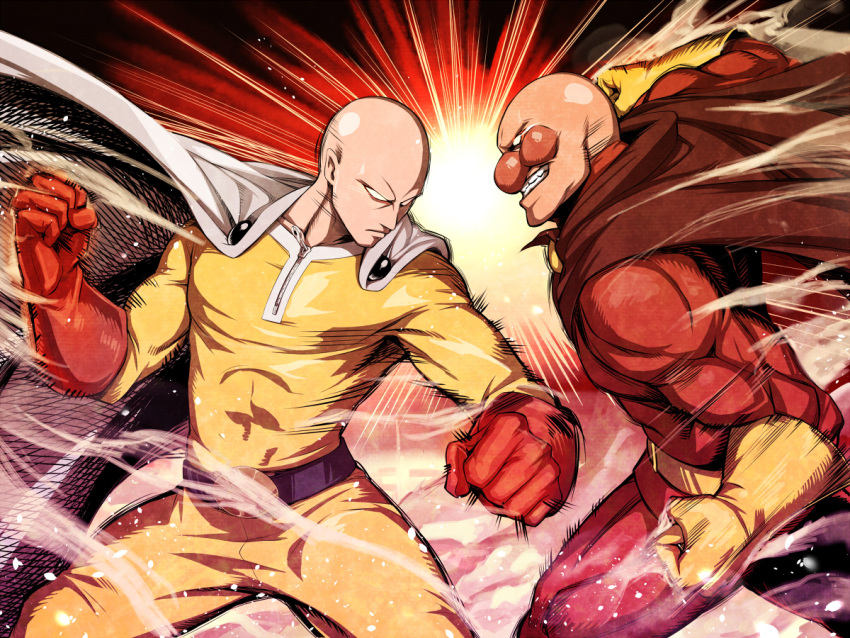 2boys abs action anpanman anpanman_(character) asu_tora bald battle belt blank_eyes bodysuit cape clenched_hands clenched_teeth closed_mouth commentary_request crossover dust gloves glowing glowing_eyes light_frown male_focus multiple_boys muscle one-punch_man profile red_nose saitama_(one-punch_man) spread_legs teeth visible_air