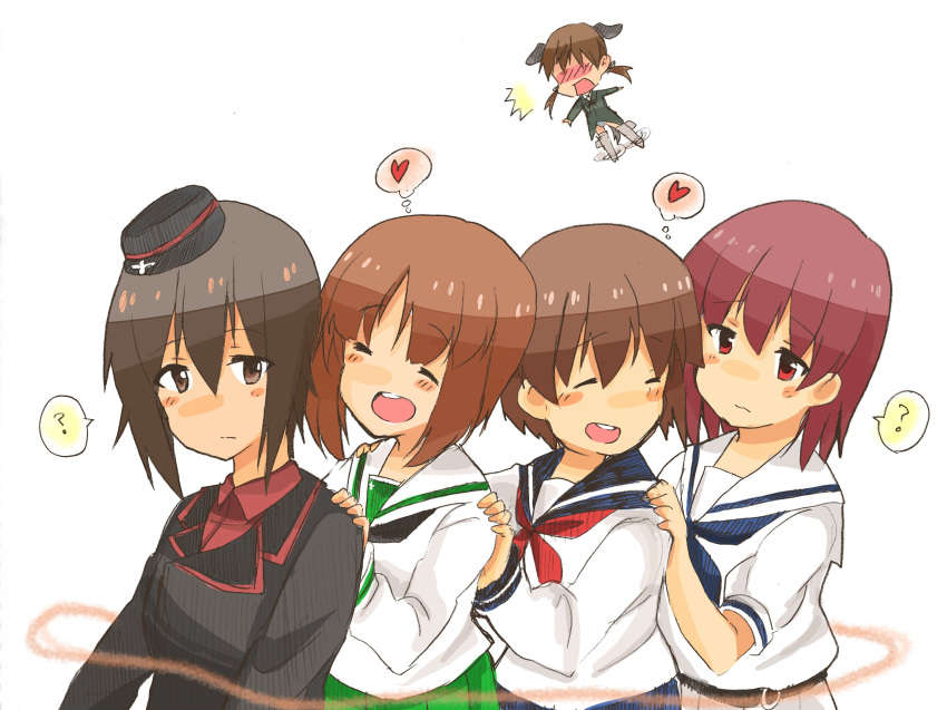 /\/\/\ 5girls :d ? ^_^ animal_ears blush brown_eyes brown_hair closed_eyes commentary crossover dog_ears garrison_cap gertrud_barkhorn girl_sandwich girls_und_panzer hands_on_another's_shoulders hat heart highres jealous look-alike military military_hat military_uniform miyanaga_saki miyanaga_teru multiple_crossover multiple_girls neckerchief nishizumi_maho nishizumi_miho open_mouth orange_hair outstretched_arms propeller redhead saki sandwiched school_uniform serafuku short_hair siblings sisters smile spread_arms strike_witches striker_unit thought_bubble trait_connection uniform wataru_(chirimenjako)
