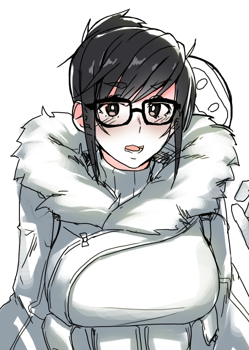 1girl absurdres ahem!_(artist) black_hair blush glasses hair_bun highres hood looking_at_viewer mei_(overwatch) open_mouth overwatch solo upper_body white_background