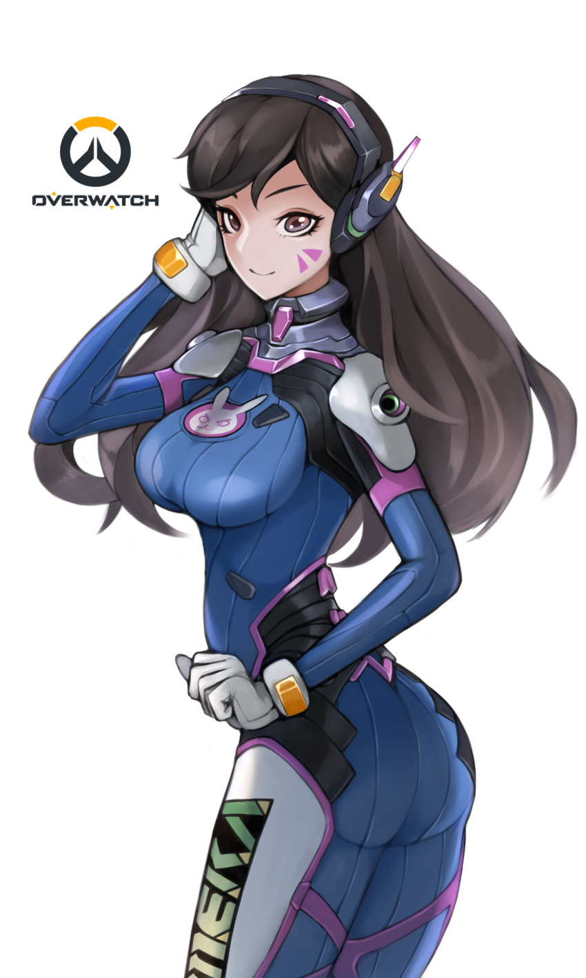 1girl bodysuit brown_eyes brown_hair copyright_name cowboy_shot d.va_(overwatch) hand_on_headphones headphones headset highres long_hair looking_at_viewer looking_back overwatch solo white_background wwonie