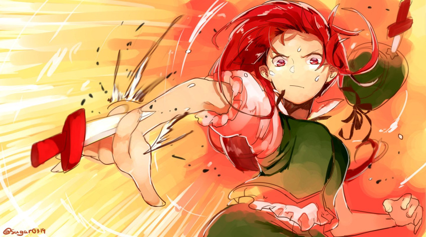 1girl alternate_eye_color blade_catching dagger hat hat_removed headwear_removed hong_meiling leaning_back long_hair puffy_short_sleeves puffy_sleeves red_eyes redhead satoukouki short_sleeves solo touhou twitter_username weapon