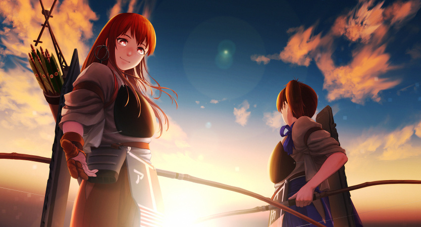 akagi_(kantai_collection) arrow bangs bow_(weapon) brown_eyes brown_hair clouds commentary_request hakama highres holding holding_weapon japanese_clothes kaga_(kantai_collection) kantai_collection long_hair looking_at_viewer muneate ocean outstretched_hand quiver rigging side_ponytail sky smile sunset weapon yue_(tada_no_saboten) yugake