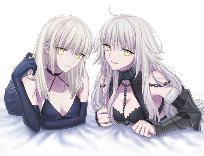 ahoge blonde_hair breasts chain choker cleavage collar elbow_gloves fate/grand_order fate/stay_night fate_(series) fur_trim gloves jeanne_alter large_breasts long_hair lying nipi27 on_stomach ruler_(fate/apocrypha) ruler_(fate/grand_order) saber saber_alter small_breasts smile white_background yellow_eyes