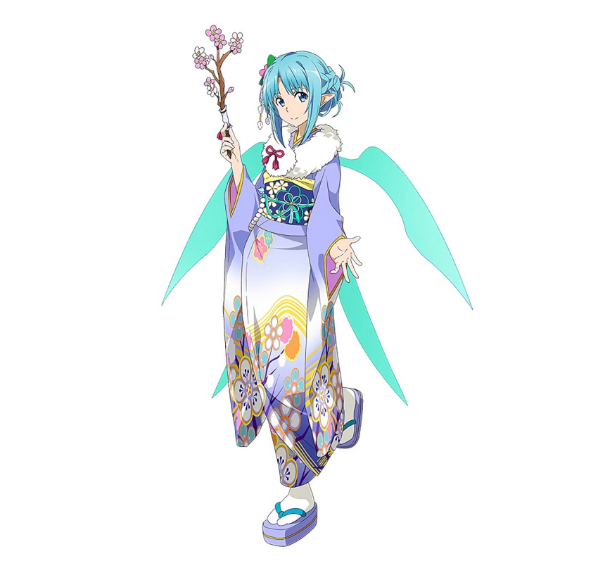 1girl asuna_(sao) asuna_(sao-alo) blue_eyes blue_hair cherry_blossoms full_body fur_collar furisode hair_ornament highres japanese_clothes kimono looking_at_viewer obi official_art outstretched_hand pointy_ears sandals sash simple_background solo standing_on_one_leg sword_art_online sword_art_online:_code_register tabi upscaled white_background white_legwear wings