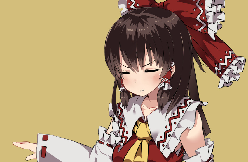 1girl :o absurdres ascot bare_shoulders benjamin_button_suukina_jinsei blush bow brown_hair closed_eyes collar collarbone cookie_(touhou) detached_sleeves eyebrows eyebrows_visible_through_hair frilled_collar frills hair_between_eyes hair_bow hair_tubes hakurei_reimu highres kanna_(cookie) long_hair long_sleeves ponytail red_bow red_ribbon red_vest ribbon ribbon-trimmed_sleeves ribbon_trim sarashi simple_background sleeves_past_wrists solo tareme touhou upper_body vest yellow_background