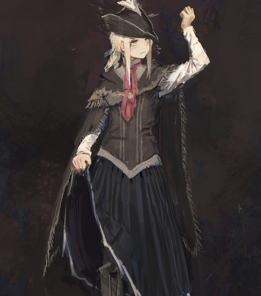 1girl arm_up ascot blonde_hair bloodborne blush boots brown_background commentary_request cosplay dress flying_sweatdrops hat highres lady_maria_of_the_astral_clocktower long_skirt painterly plain_doll plain_doll_(cosplay) shawl shion_(mirudakemann) simple_background skirt skirt_lift solo spoilers the_old_hunters tricorne wavy_mouth yellow_eyes