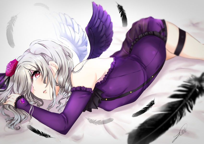 1girl absurdres akanoyomi angel_wings blurry depth_of_field dress drill_hair feathers hair_over_one_eye highres idolmaster idolmaster_cinderella_girls kanzaki_ranko long_hair looking_at_viewer red_eyes rosenburg_engel silver_hair solo twin_drills twintails wings