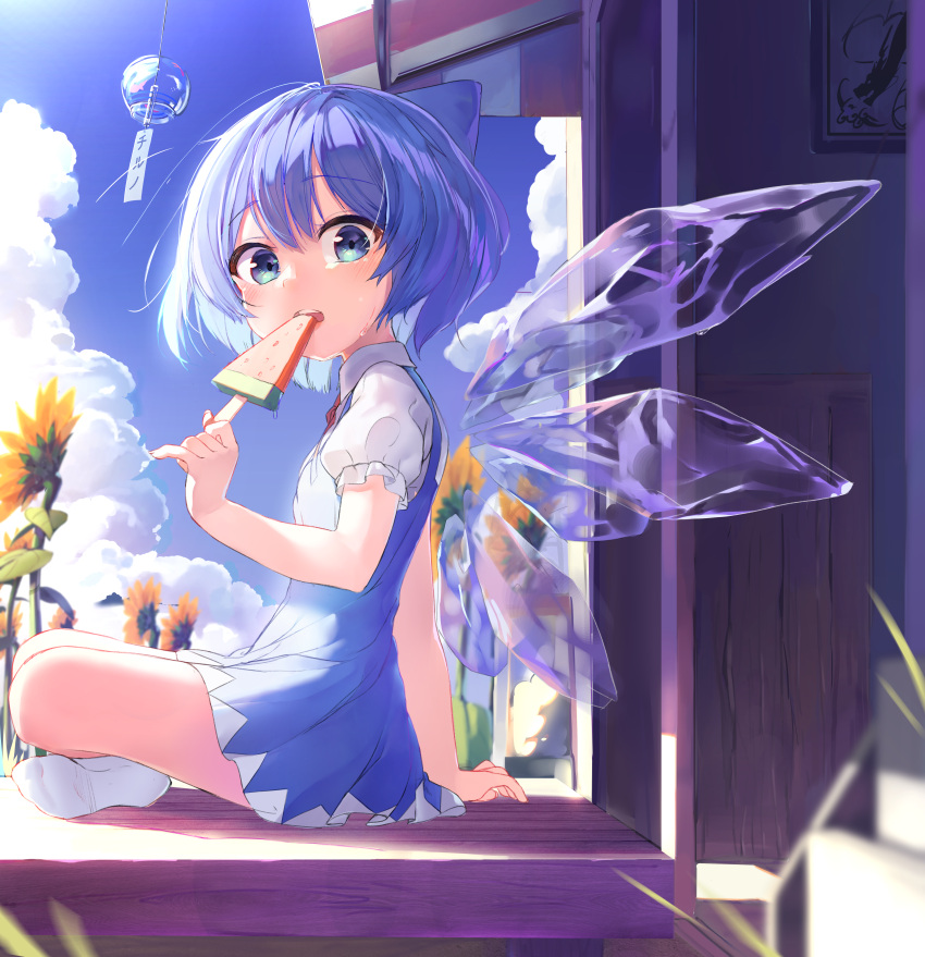 1girl absurdres bangs blue_bow blue_dress blue_eyes blue_hair blue_sky bow bowtie breasts cirno clouds cloudy_sky collar collared_shirt dress eating eyebrows_visible_through_hair flower food from_side fruit grass hair_between_eyes hand_up highres ice ice_cream ice_wings leaf light looking_at_viewer medium_breasts open_mouth puffy_short_sleeves puffy_sleeves qqqq542 red_bow red_bowtie shadow shirt short_hair short_sleeves sitting sky solo stairs sunflower sunlight teeth touhou wall watermelon white_shirt window wings