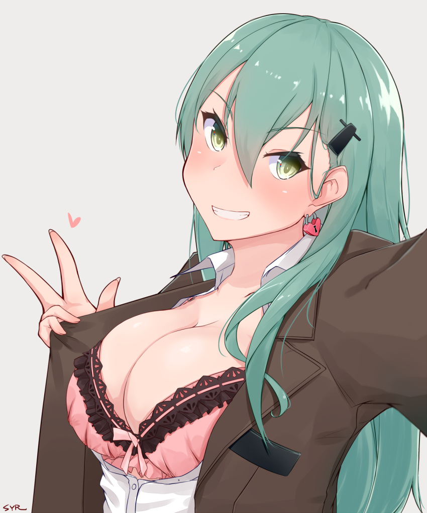 1girl blush bra breasts brown_jacket buttons cleavage collared_shirt eyebrows eyebrows_visible_through_hair fingernails green_eyes green_hair grey_background grin hair_between_eyes hair_ornament hair_over_shoulder hairclip hand_gesture head_tilt heart highres jacket kantai_collection large_breasts lock lock_earrings long_hair long_sleeves miyano_yuki open_clothes open_jacket open_shirt outstretched_arm pink_bra self_shot shirt signature simple_background smile solo suzuya_(kantai_collection) teeth tsurime underwear upper_body v white_shirt wing_collar