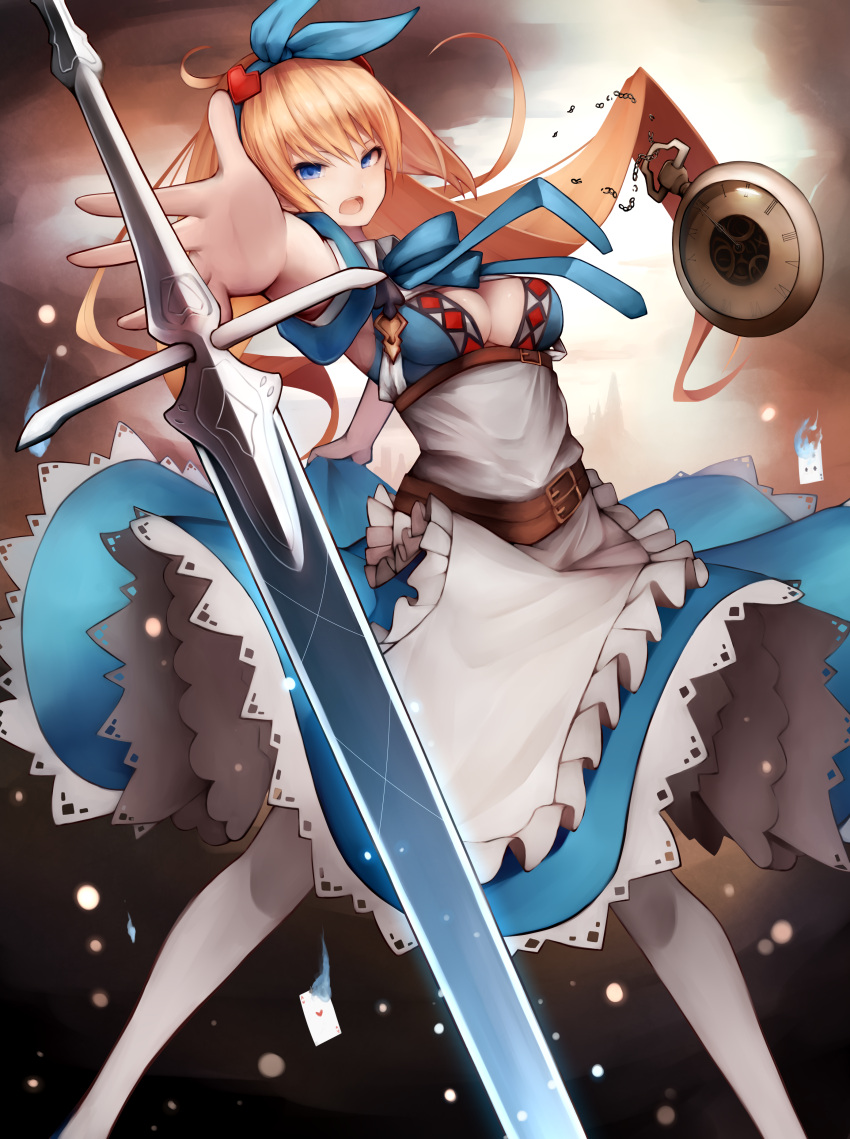 1girl absurdres belt blonde_hair blue_eyes breasts broken burning card chain clock dress glowing hairband highres inaba_sunimi long_hair looking_at_viewer open_hand open_mouth original pantyhose puffy_short_sleeves puffy_sleeves ribbon short_sleeves skirt_hold solo sword teeth weapon white_legwear
