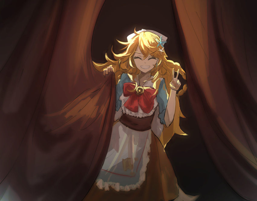 1girl ankake_teke blonde_hair blue_shirt bow brown_skirt closed_eyes curtains dress hair_between_eyes long_hair nijisanji otogibara_era red_bow shirt skirt smile solo v