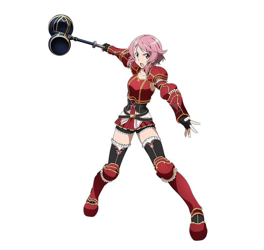 1girl alternate_costume armor armored_boots black_legwear black_shorts boots collarbone hair_ornament hammer highres holding holding_weapon lisbeth official_art open_mouth pink_eyes pink_hair short_hair short_shorts shorts simple_background solo spaulders sword_art_online sword_art_online:_code_register thigh-highs weapon white_background