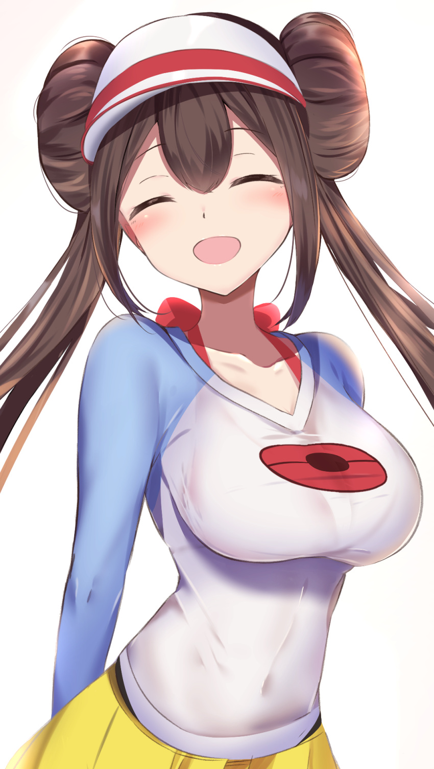 1girl :d ^_^ arms_behind_back blush breasts brown_hair closed_eyes collarbone commentary_request double_bun highres large_breasts legwear_under_shorts long_hair macchazuki mei_(pokemon) open_mouth pantyhose pokemon pokemon_(game) pokemon_bw2 shirt shorts simple_background smile solo twintails visor_cap white_background yellow_shorts