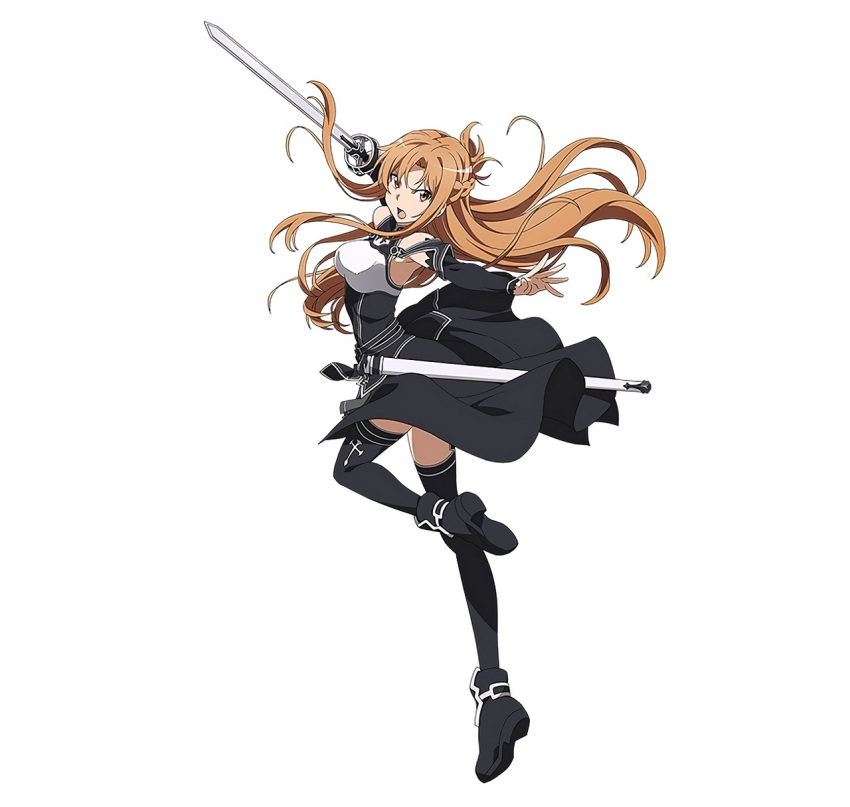 1girl armpits asuna_(sao) black_dress black_legwear brown_eyes brown_hair detached_sleeves dress highres holding holding_sword holding_weapon long_hair official_art simple_background solo sword sword_art_online sword_art_online:_code_register thigh-highs weapon white_background