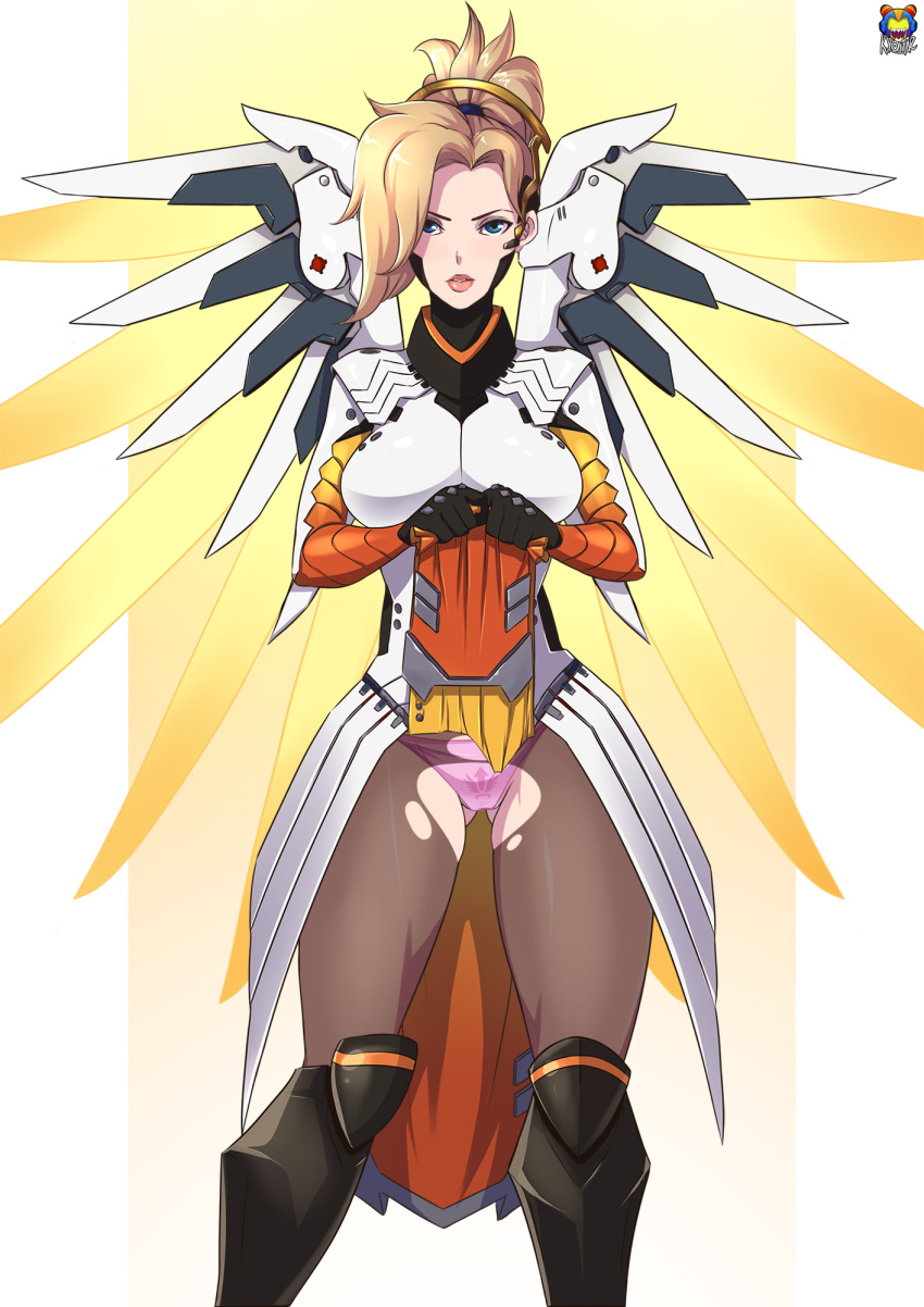 1girl blonde_hair blue_eyes boots headgear high_ponytail highres knee_boots kyoffie12 lipstick loincloth_lift looking_at_viewer makeup mechanical_wings mercy_(overwatch) overwatch panties pantyhose pink_panties solo torn_clothes torn_pantyhose underwear wings