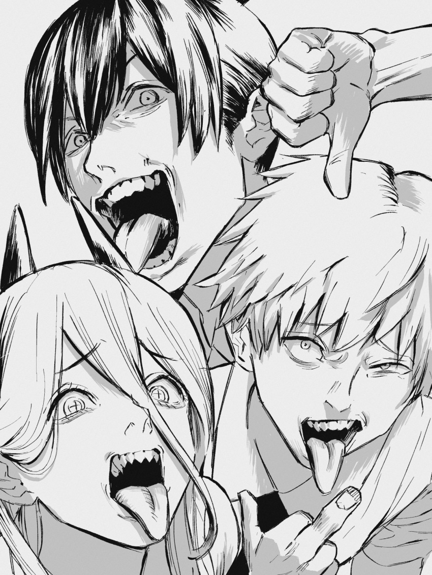 1girl 2boys bangs black_necktie chainsaw_man collared_shirt cross-shaped_pupils denji_(chainsaw_man) greyscale group_picture hair_between_eyes hayakawa_aki highres horns long_hair looking_at_viewer middle_finger monochrome multiple_boys necktie open_mouth power_(chainsaw_man) riki_(riki_unc) sharp_teeth shirt short_hair simple_background symbol-shaped_pupils teeth thumbs_down tongue tongue_out white_background white_hair white_shirt