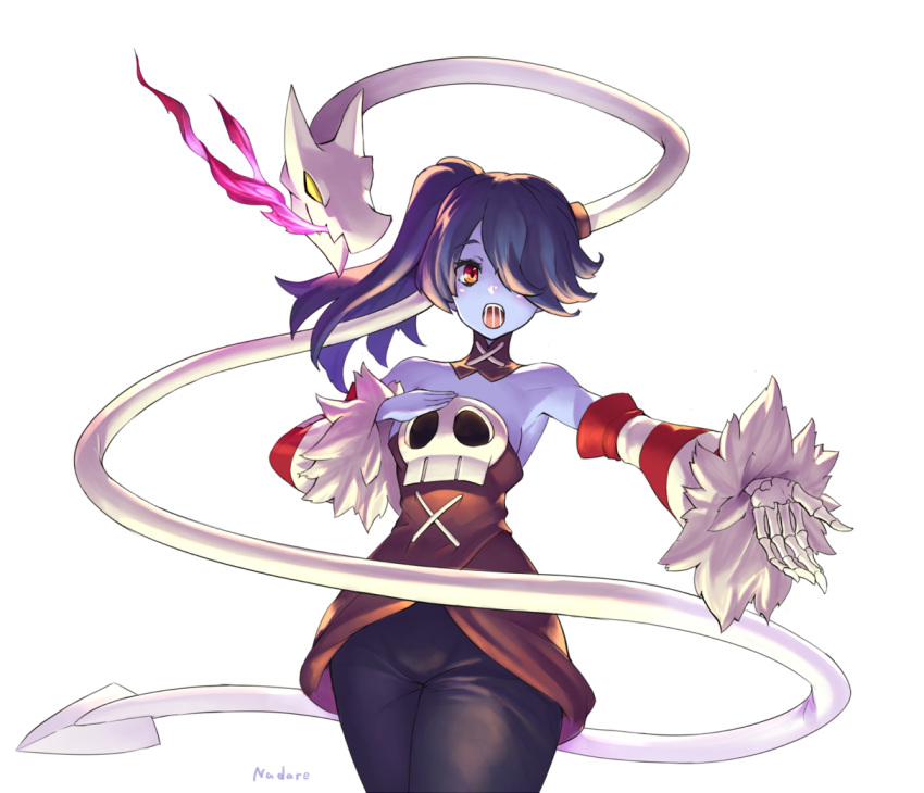 1girl artist_name bare_shoulders black_hair blue_skin blush cowboy_shot detached_sleeves fur_trim hair_over_one_eye hand_on_own_chest leviathan_(skullgirls) long_sleeves nadare-san_(nadare3nwm) nose_blush open_mouth outstretched_arm red_eyes side_ponytail simple_background skeletal_arm skull skullgirls squigly_(skullgirls) white_background yellow_eyes