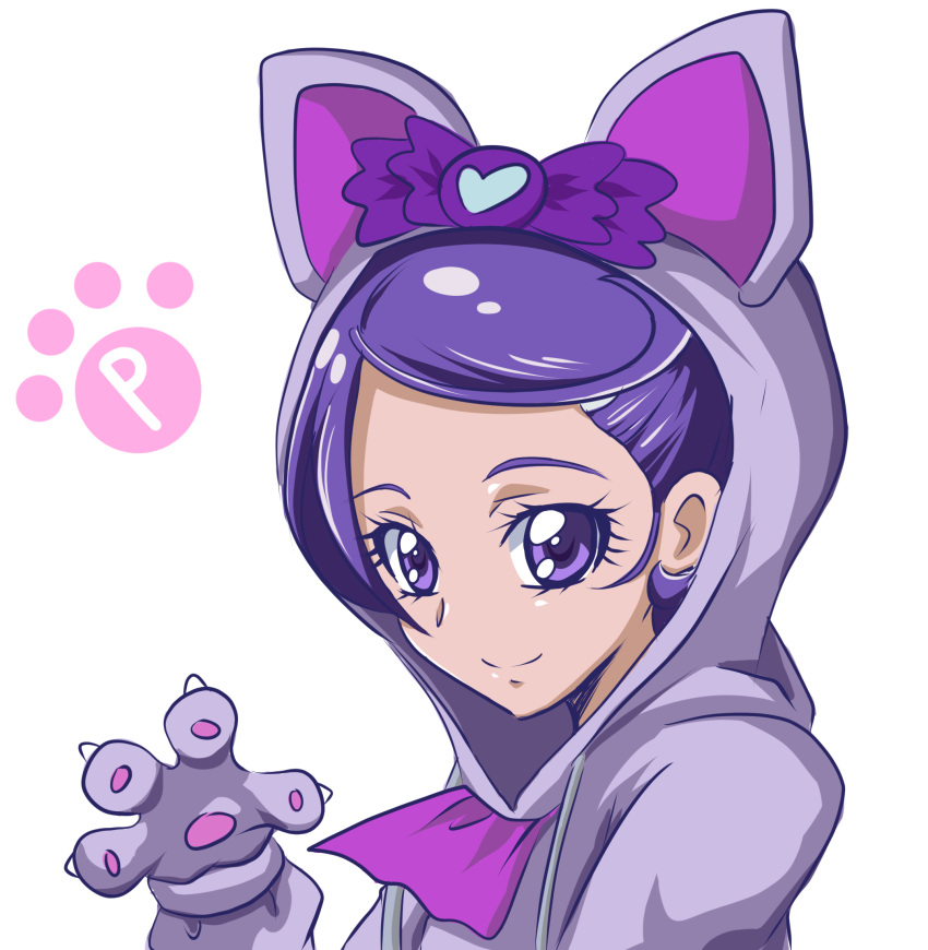 1girl animal_ears animal_hood arudebido cat_ears davi_(dokidoki!_precure) davi_(dokidoki!_precure)_(cosplay) dokidoki!_precure gloves highres hood kenzaki_makoto looking_at_viewer paw_gloves precure purple purple_hair short_hair smile solo upper_body violet_eyes white_background