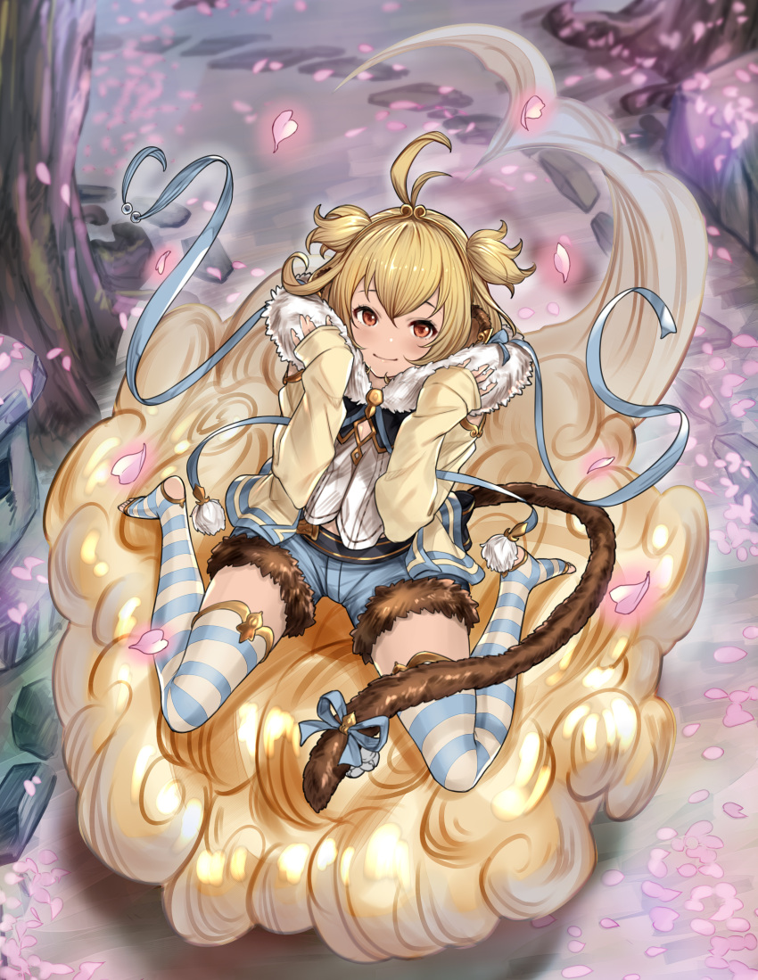 1girl absurdres anchira_(granblue_fantasy) antenna_hair arms_up beads belt blonde_hair blue_ribbon blue_shorts cherry_blossoms cleavage_cutout closed_mouth clouds cutoffs denim denim_shorts earrings flat_chest floating flying_nimbus full_body fur_collar fur_trim granblue_fantasy hairband heart highres horizontal-striped_legwear horizontal_stripes jacket jewelry keita_(kta0) long_sleeves monkey_ears monkey_tail open_clothes open_jacket path petals pom_pom_(clothes) red_eyes ribbon road short_shorts shorts sitting smile solo stone_lantern striped striped_legwear tail tail_ribbon thick_thighs thighs toeless_legwear toes two_side_up wariza yellow_jacket