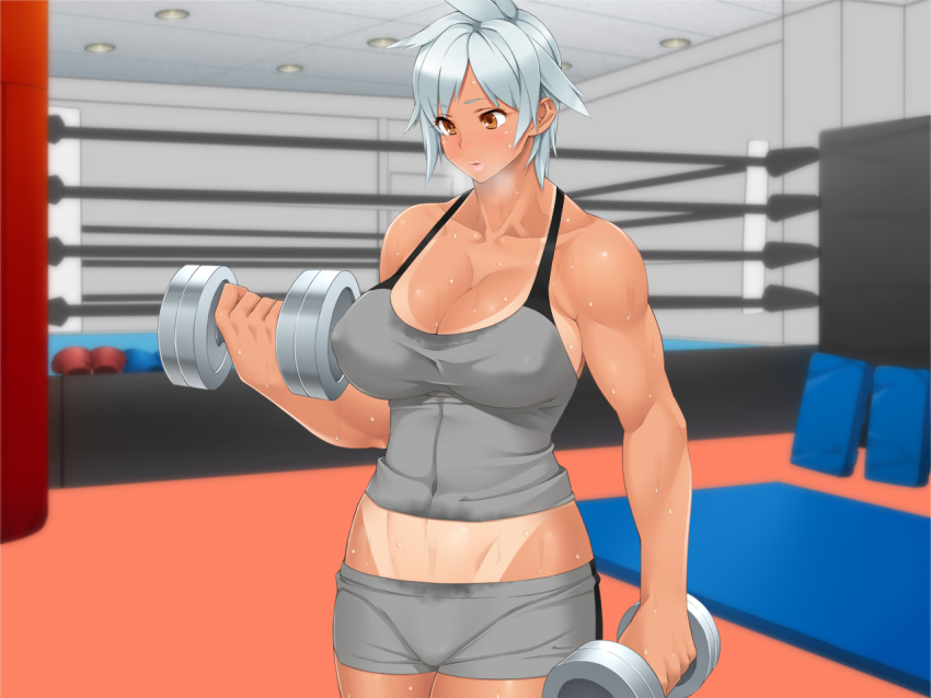 1girl 23_(real_xxiii) breasts breath brown_eyes collarbone dark_skin dumbbell exercise game_cg gym gym_uniform large_breasts short_hair silver_hair solo tan tanline weights wrestling_ring