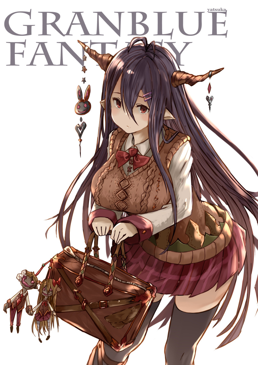 1girl absurdres alternate_costume antenna_hair artist_name bag bangs bow breasts commentary copyright_name cowboy_shot danua english granblue_fantasy gretel_(granblue_fantasy) hair_between_eyes hair_ornament hairclip hansel_(granblue_fantasy) highres holding_bag horns large_breasts long_hair long_sleeves looking_at_viewer looking_up miniskirt pleated_skirt pointy_ears puppet purple_hair red_eyes school_uniform sidelocks skirt sleeve_cuffs solo sweater_vest thigh-highs very_long_hair white_background wing_collar yatsuka_(846)