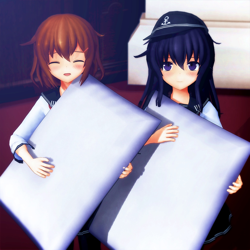 2girls akatsuki_(kantai_collection) happy hat highres ikazuchi_(kantai_collection) kantai_collection long_hair looking_at_viewer mikumikudance multiple_girls pillow short_hair sierra_(ws) skirt