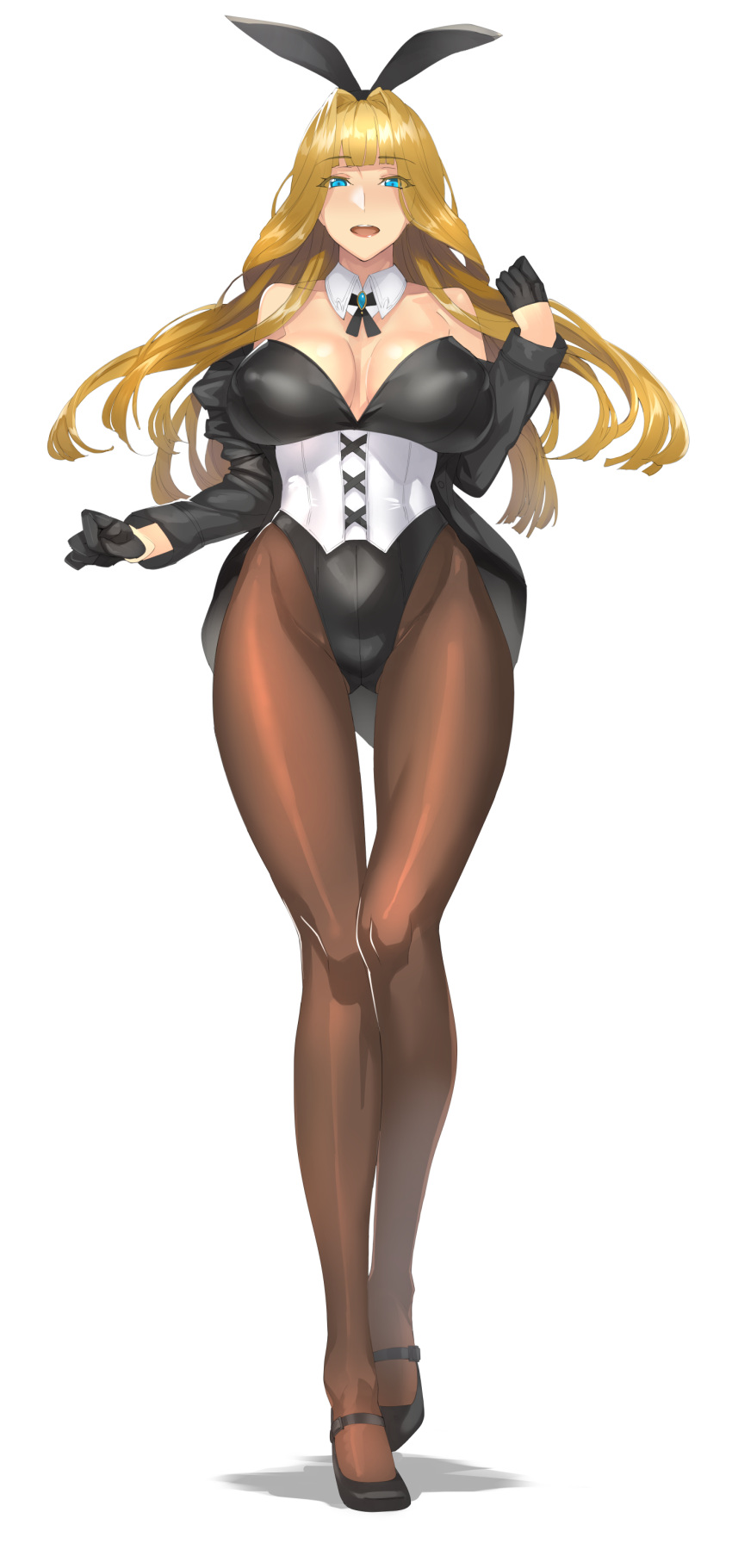 1girl absurdres animal_ears black_gloves black_legwear blonde_hair blue_eyes breasts bunnysuit cleavage corset covered_nipples daglasses detached_collar full_body gloves highres long_hair looking_at_viewer open_mouth original pantyhose rabbit_ears simple_background smile solo teeth white_background