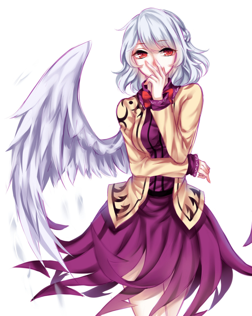 1girl absurdres braid covering_mouth dress feathered_wings french_braid highres jacket kishin_sagume long_sleeves purple_dress red_eyes sheya short_dress short_hair silver_hair single_wing solo touhou wings