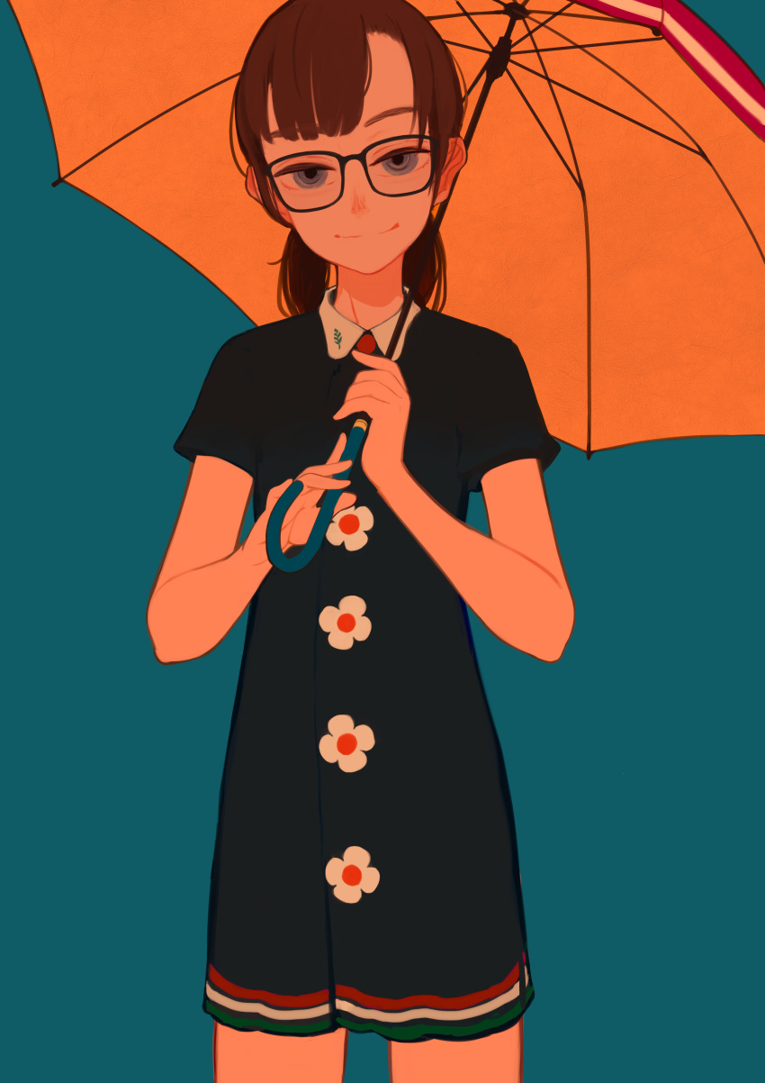 1girl :p absurdres blue_background blue_eyes brown_hair dress flower glasses hieda_yawe highres looking_at_viewer original short_hair smile solo tongue tongue_out twintails umbrella