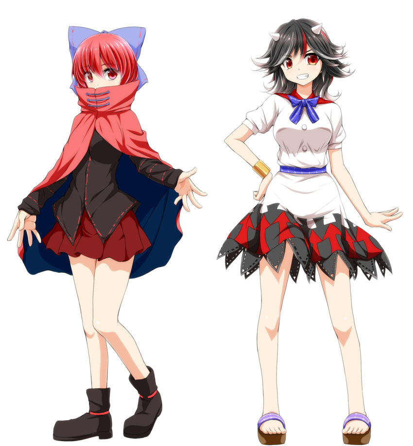 2girls ankle_boots black_hair blouse boots bow bowtie breasts cape covered_mouth directional_arrow dress full_body grin hand_gesture hand_on_hip high_collar highres horns kijin_seija long_sleeves looking_at_viewer miniskirt multicolored_hair multiple_girls puffy_short_sleeves puffy_sleeves red_eyes redhead sandals sekibanki short_dress short_sleeves side-by-side skirt smile streaked_hair toes touhou tunic watarui white_hair