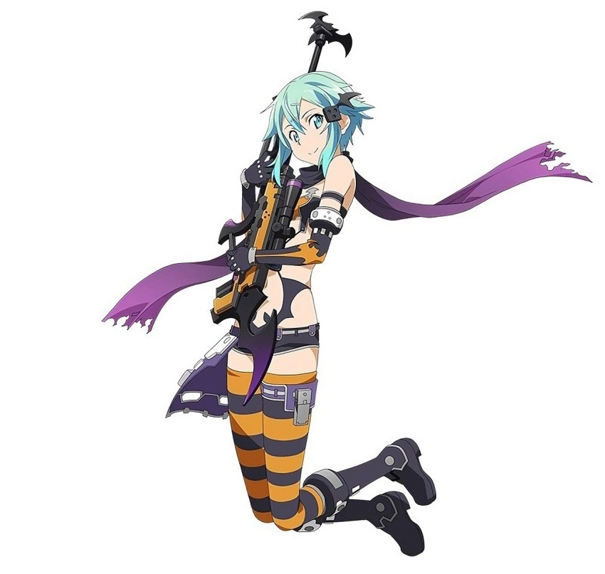 1girl black_gloves black_shorts blue_eyes blue_hair elbow_gloves gloves gun hair_ornament halloween highres holding holding_gun holding_weapon looking_at_viewer navel official_art purple_scarf rifle scarf shinon_(sao) short_hair short_shorts shorts simple_background smile sniper_rifle solo striped striped_legwear sword_art_online sword_art_online:_code_register thigh-highs weapon white_background