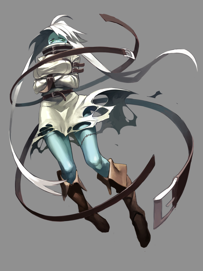 1girl arm_belt azuki_(azuki-taste) blue_skin boots breasts crossed_arms dress elis_valentine green_eyes highres knee_boots large_breasts long_arms long_hair looking_at_viewer multiple_belts original see-through silver_hair solo stitches torn_clothes torn_dress twintails very_long_hair white_dress wind