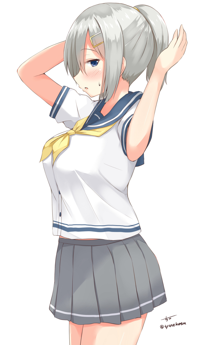 1girl alternate_hairstyle arms_up blue_eyes blush breasts chaa_(korone-ze) from_side grey_skirt hair_ornament hairclip hamakaze_(kantai_collection) high_ponytail highres kantai_collection large_breasts looking_at_viewer looking_to_the_side neckerchief no_gloves no_legwear pleated_skirt ponytail school_uniform serafuku short_hair short_sleeves silver_hair simple_background skirt solo twitter_username white_background
