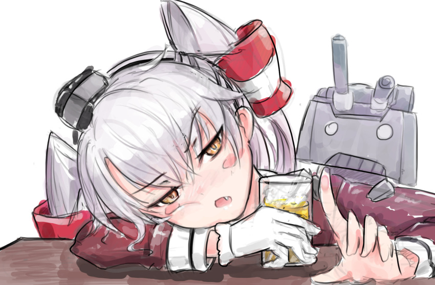 1girl amatsukaze_(kantai_collection) bangs blush_stickers close-up drink euaksae_(ughbird) eyebrows eyebrows_visible_through_hair face fang glass gloves hair_tubes head_tilt highres holding_glass kantai_collection long_sleeves looking_at_viewer open_mouth rensouhou-kun silver_hair simple_background single_glove sketch tsurime white_background yellow_eyes
