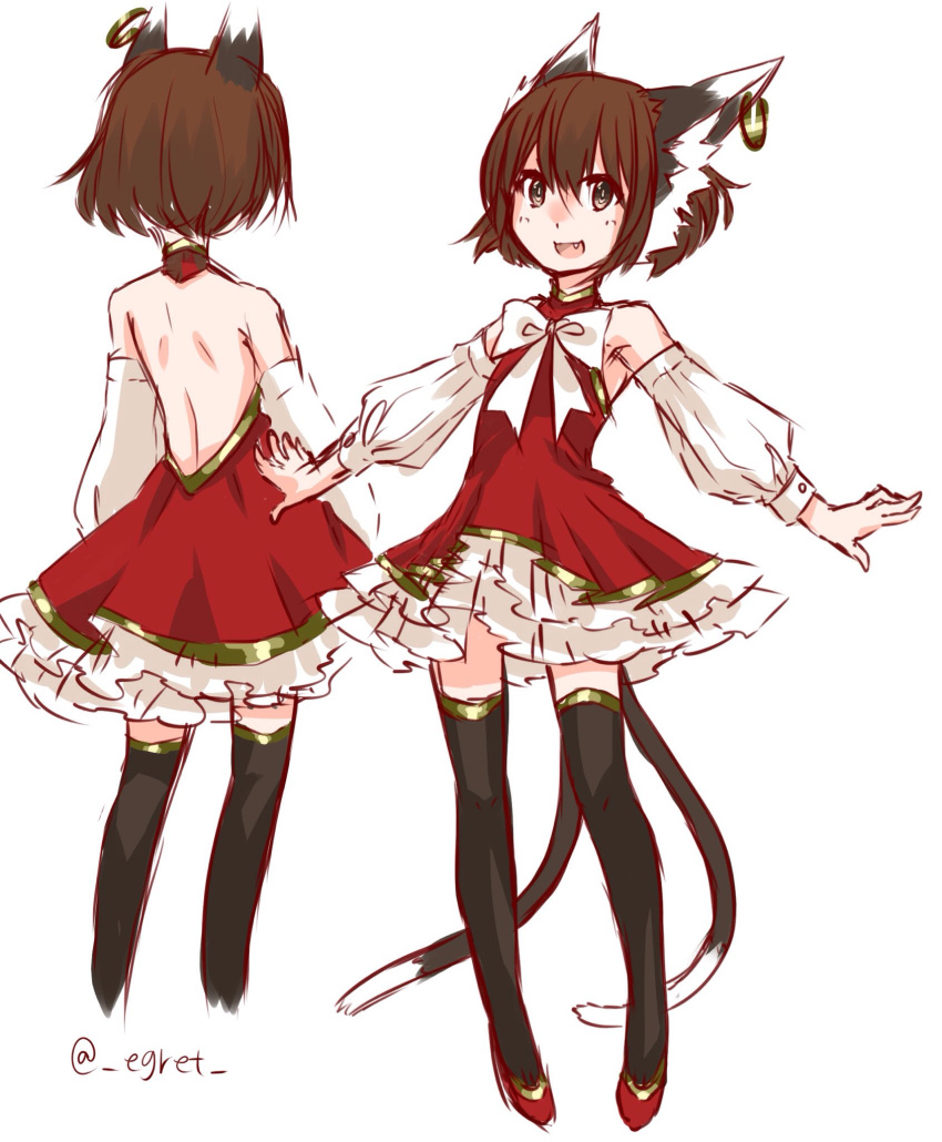 animal_ears back black_legwear brown_eyes brown_hair cat_ears cat_tail chen detached_sleeves dress earrings egret fang frilled_dress frills hat highres jewelry mob_cap multiple_tails multiple_views nekomata open_mouth petticoat red_dress red_shoes ribbon shoes short_dress single_earring sketch tail thigh-highs thighs touhou white_ribbon zettai_ryouiki