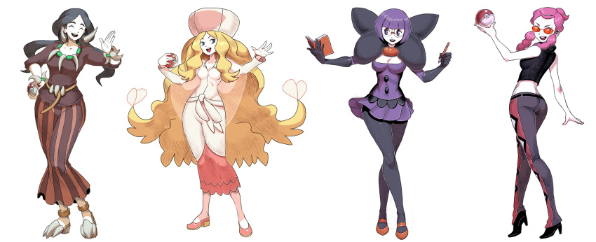 4girls blonde_hair book breasts cattleya_(pokemon) cleavage dracaena_(pokemon) elite_four genzoman hand_on_hip high_heels highres holding holding_book holding_poke_ball long_hair looking_at_viewer looking_to_the_side midriff multiple_girls nintendo open_mouth pachira_(pokemon) parody pink_hair poke_ball pokemon pokemon_(game) pokemon_bw pokemon_xy shikimi_(pokemon) style_parody sunglasses very_long_hair
