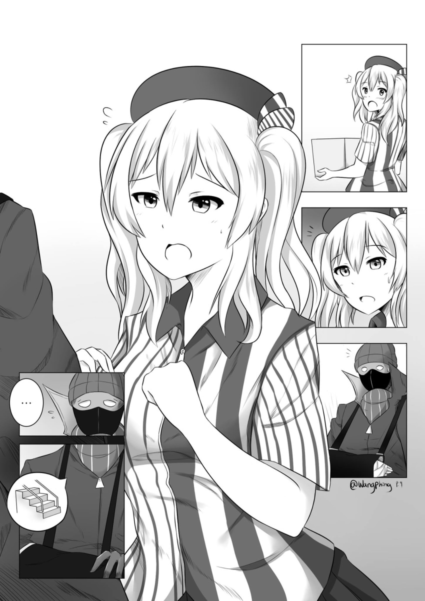 ... 1boy 1girl balaclava beret box cast commentary employee_uniform flying_sweatdrops greyscale hat highres kantai_collection kashima_(kantai_collection) lawson mask monochrome open_mouth spoken_ellipsis twintails uniform wangphing