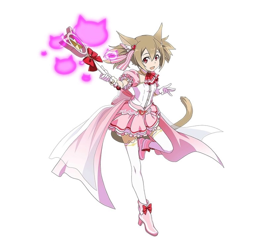 1girl :d alternate_costume animal_ears brown_hair cat_band_legwear cat_ears cat_tail frilled_skirt frills gloves hair_ribbon highres holding long_hair magical_girl official_art open_mouth pink_skirt ribbon see-through silica silica_(sao-alo) simple_background skirt smile solo staff sword_art_online sword_art_online:_code_register tail thigh-highs twintails wand white_background white_gloves white_legwear zettai_ryouiki