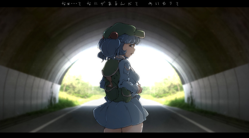 1girl backpack bag blue_eyes blue_hair flanvia hair_bobbles hair_ornament hat highres kawashiro_nitori letterboxed looking_back miniskirt skirt solo touhou translated tunnel twintails