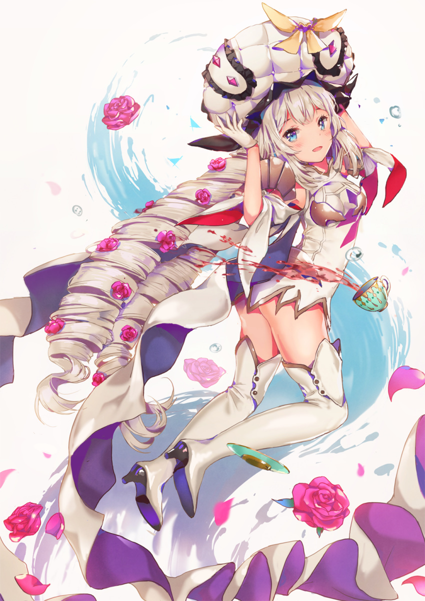 1girl ass blue_eyes blush boots cup dangmill drill_hair fate/grand_order fate_(series) flower gloves hat highres long_hair looking_at_viewer marie_antoinette_(fate/grand_order) open_mouth petals saucer silver_hair solo thigh-highs thigh_boots very_long_hair white_gloves
