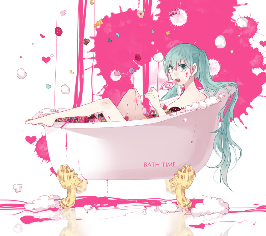 1girl barefoot bathing bathtub candy checkerboard_cookie claw_foot_bathtub cookie danjou_sora food green_eyes green_hair hatsune_miku long_hair open_mouth solo sweets twintails very_long_hair vocaloid