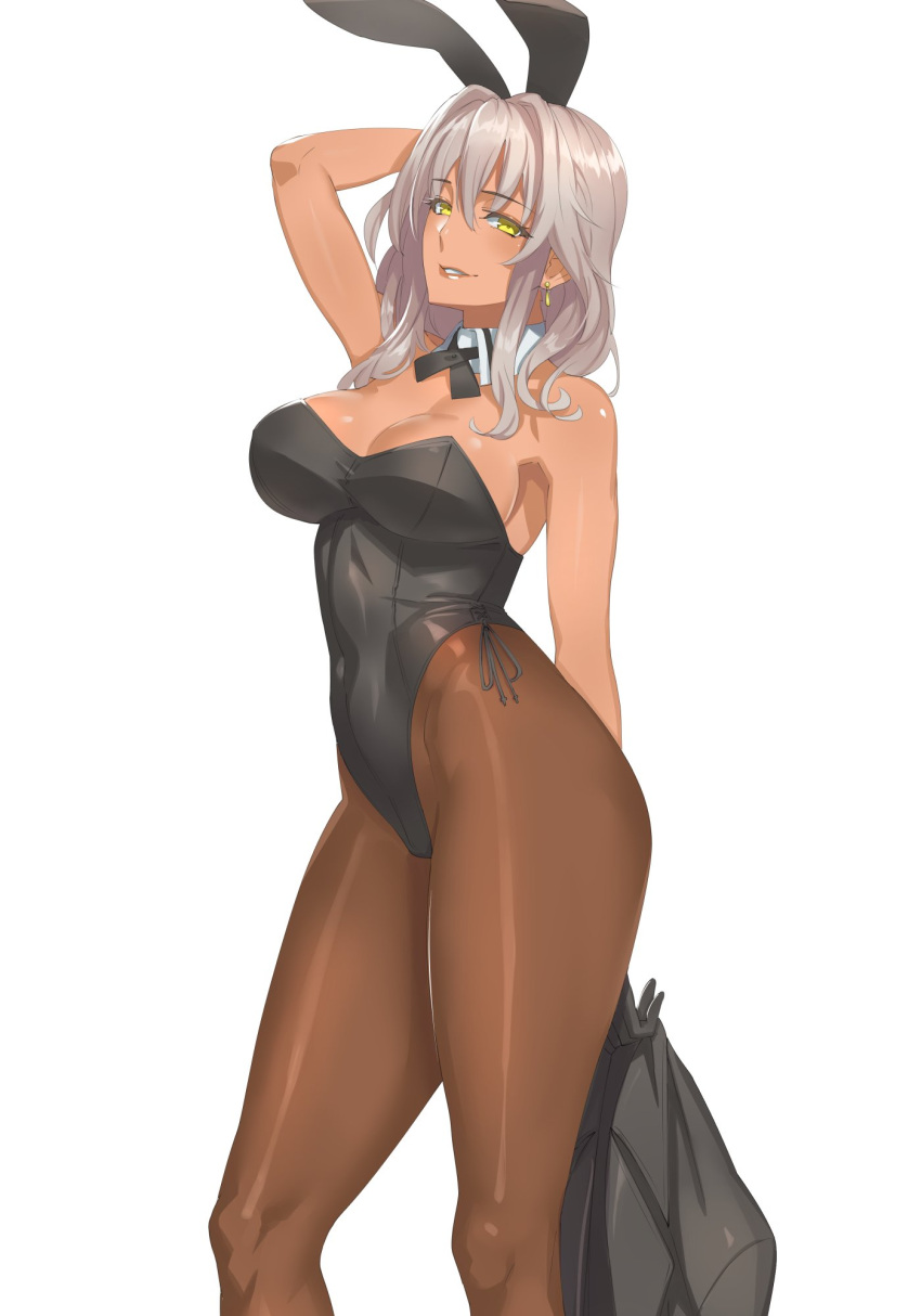 1girl animal_ears arm_up bangs bare_shoulders bunnysuit daglasses detached_collar earrings eyebrows eyebrows_visible_through_hair from_side hair_between_eyes highres jewelry long_hair looking_to_the_side open_mouth pantyhose parted_lips rabbit_ears silver_hair solo white_background yellow_eyes